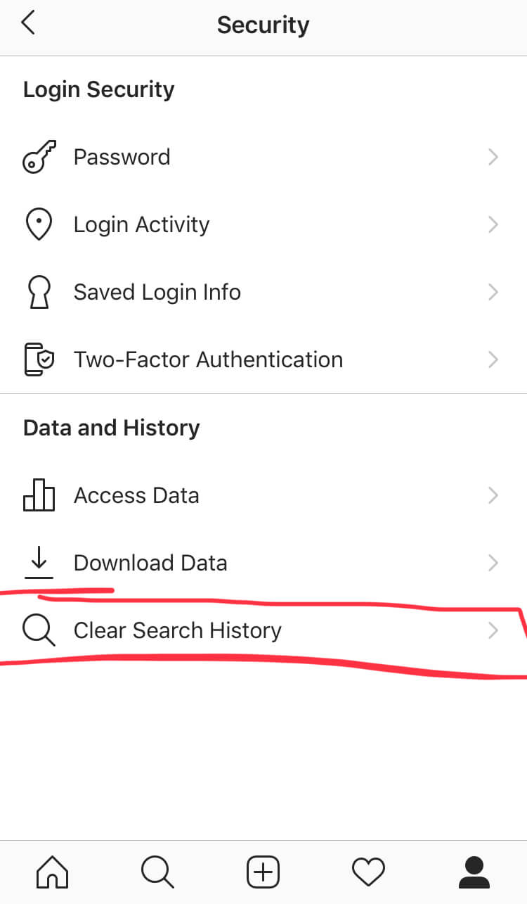 طريقة حذف البحث في الانستقرام من زر Clear Search History